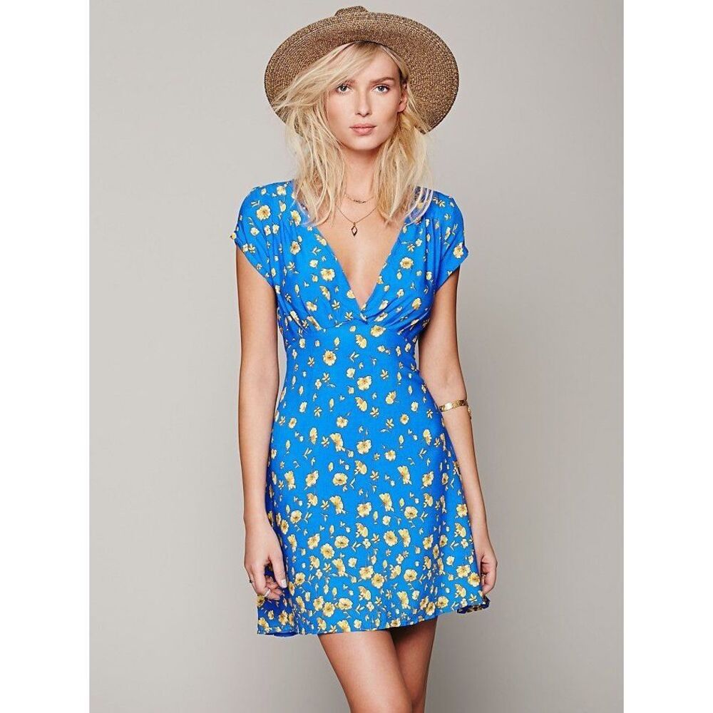 ✨FREE PEOPLE Y2K Blue Yellow Floral Mini Sz 12 Dress✨